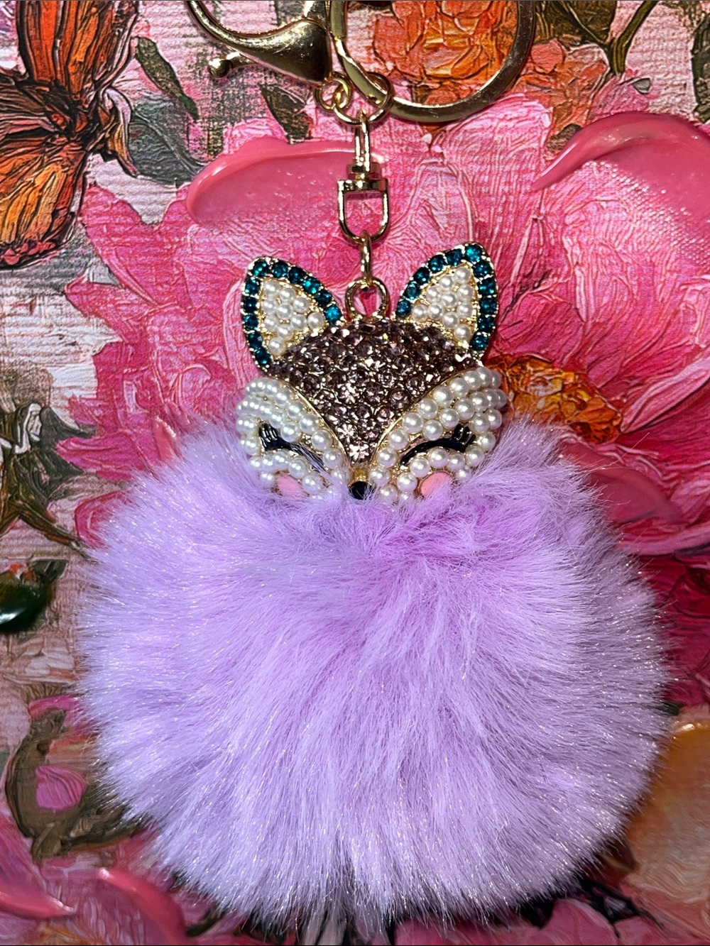 Crystal Fox Pom Keychain - Lavender Faux Fur- large